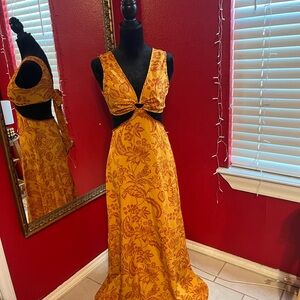 SHEIN Orange Floral Maxi Dress with Crochet Trim